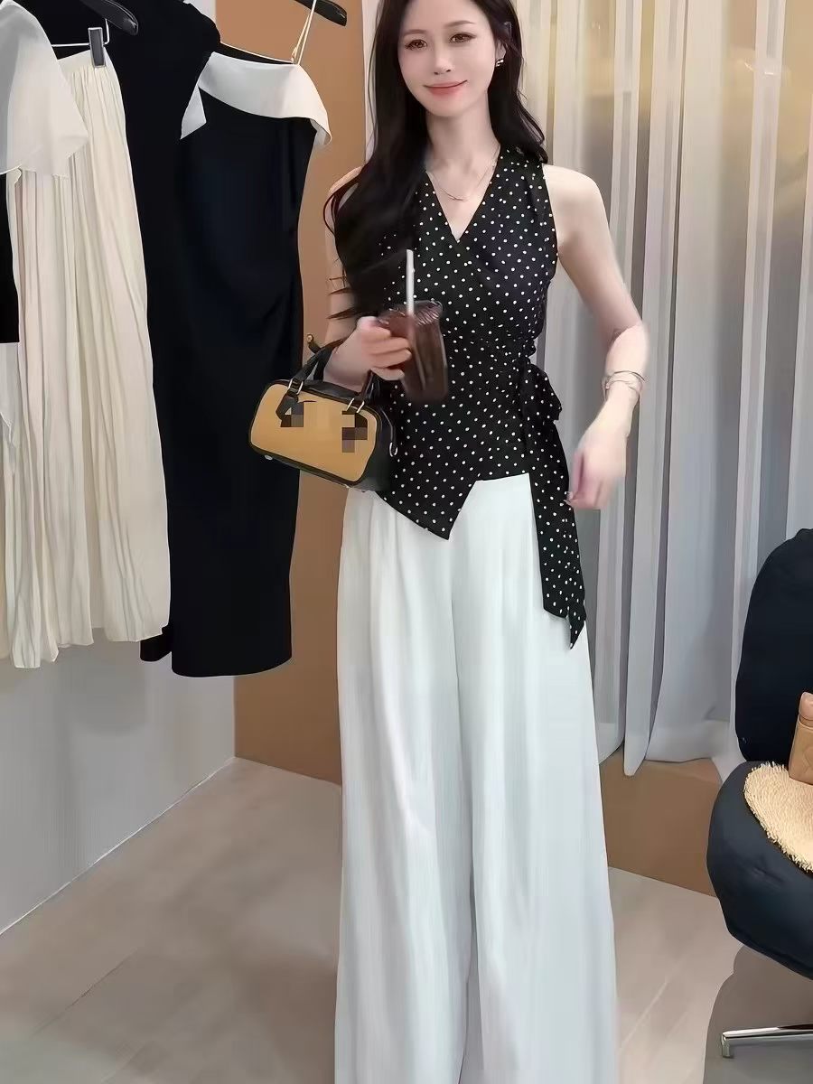 프랑스식 도트 무늬 행침 목 조끼 와이드 레그 팬츠 두 조각 여성 세트 여름 패션 슬림해 보이는 세트