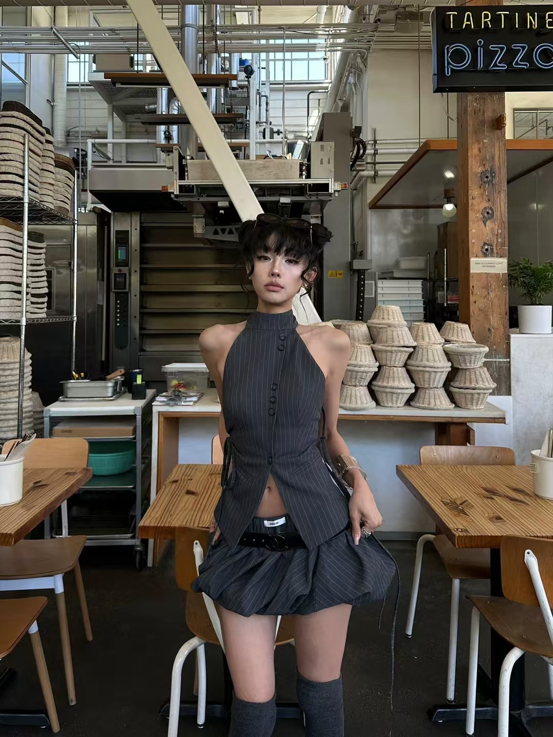 2026 스트라이프 정장 민소매 맨위 반신 스커트 투피스 세트