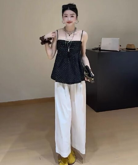 프랑스식 레트로 주름 허리 수축 민소매 도트 무늬 조끼 여성 2026 여름 새로운 캐주얼 바지 투피스 세트
