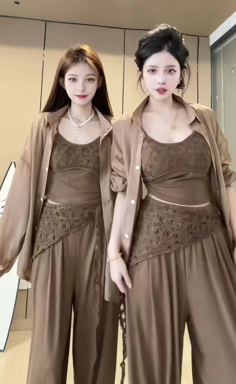 여름 새로운 품격 패션 슬립 짜임 허리 로프 슬림해 보이는 와이드 레그 팬츠 3종 세트
