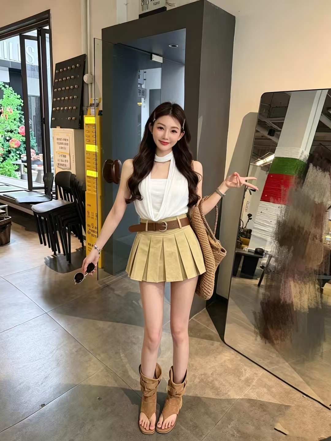한 부서 순수한 욕망 핫걸 흔들다 칼라 행침 목 맨위 몸매 가꾸기 플리츠 치마 세트 벨트 포함