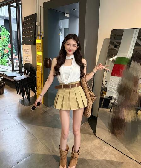 한 부서 순수한 욕망 핫걸 흔들다 칼라 행침 목 맨위 몸매 가꾸기 플리츠 치마 세트 벨트 포함