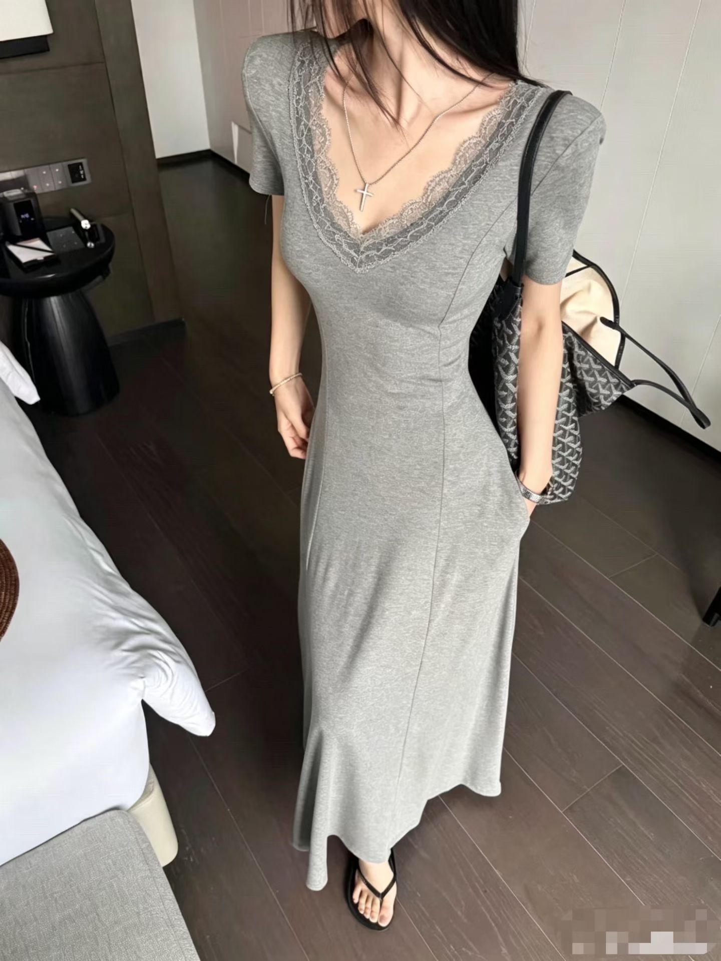 검정색 그는 벤 바람 V넥 반팔 티셔츠 여성 드레스 여름 허리 수축 캐주얼 롱 스커트 품격 몸매 가꾸기 한 마디 치마