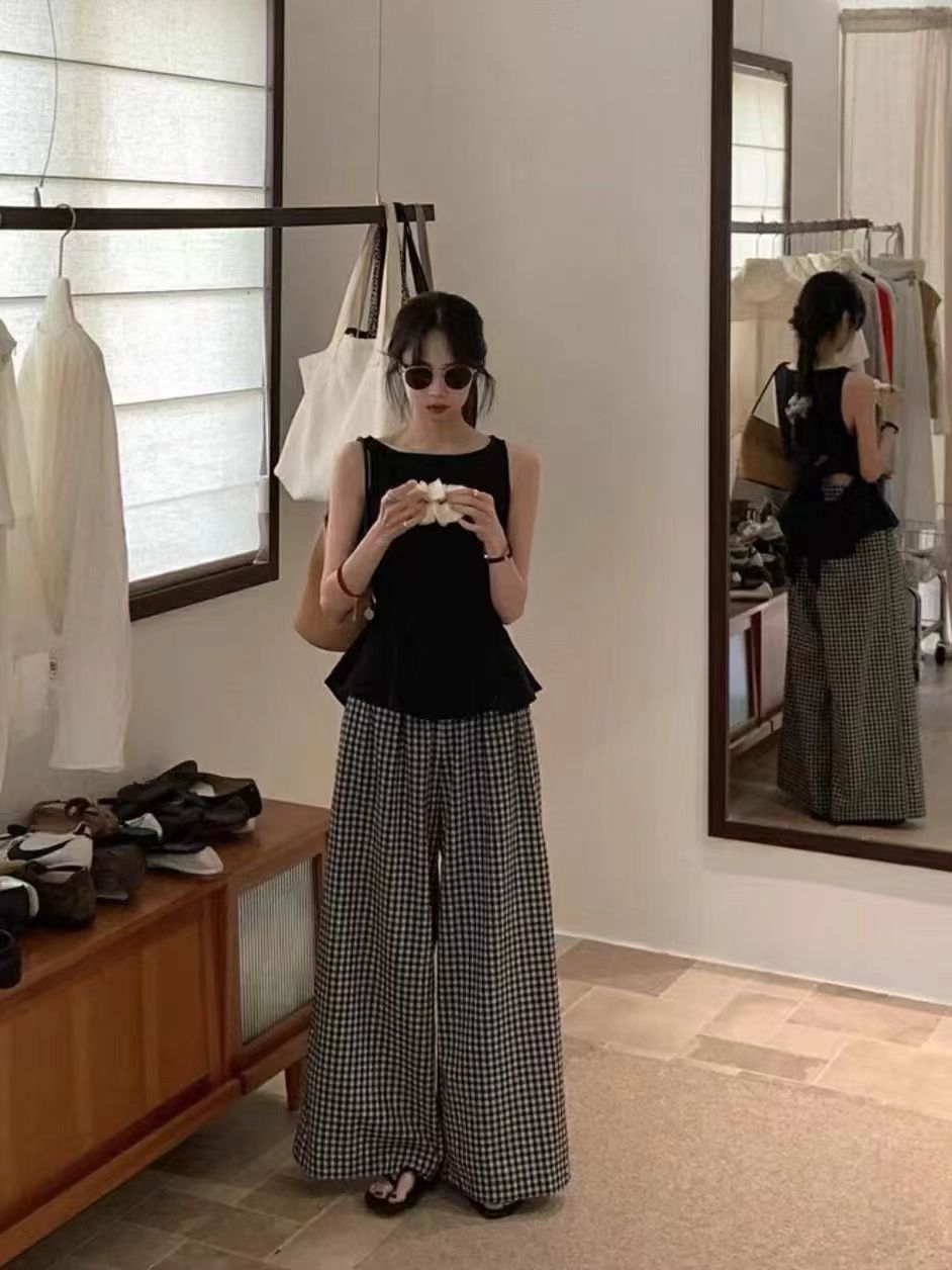 수 있습니다. 소금 수 있습니다. 달콤한 민소매 단어 조끼 맨위 체크무늬 넓은 다리 길이 바지 여성 여름 2026 새로운 패션 투피스 세트