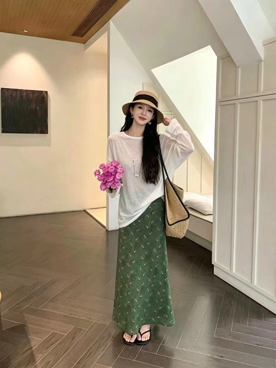 익스트림 제인 바람이 아닙니다. 규칙 대 에디션 느슨함 센스 반팔 프린트 도루 센스 큰 진자 느슨함 센스 롱 코트 반신 스커트