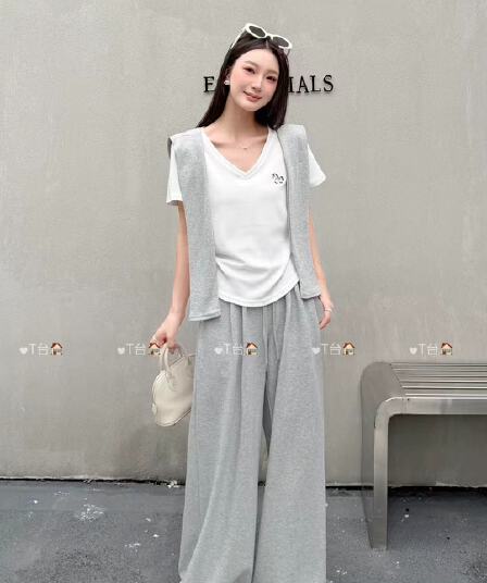 한 부서 미니멀리즘 자수 느긋한 바람 슬림해 보이는 티셔츠 다용도 숄 하이웨이스트 펌프 로프 스트라이프 캐주얼 긴 바지 3종 세트