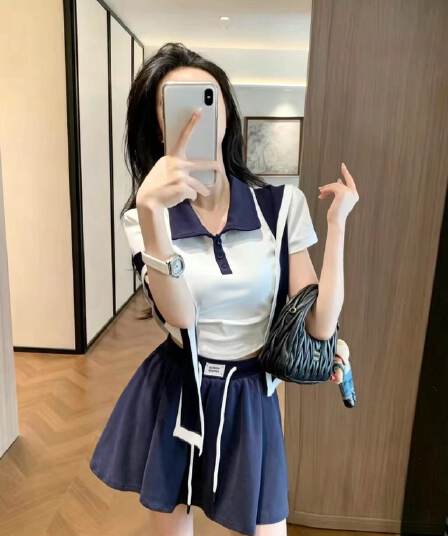 여름 새로운 폴로 칼라 반팔 배색 POLO 셔츠 벨트 숄 플러스 반신 미니 스커트 패션 한 부서 학원 스타일 세트