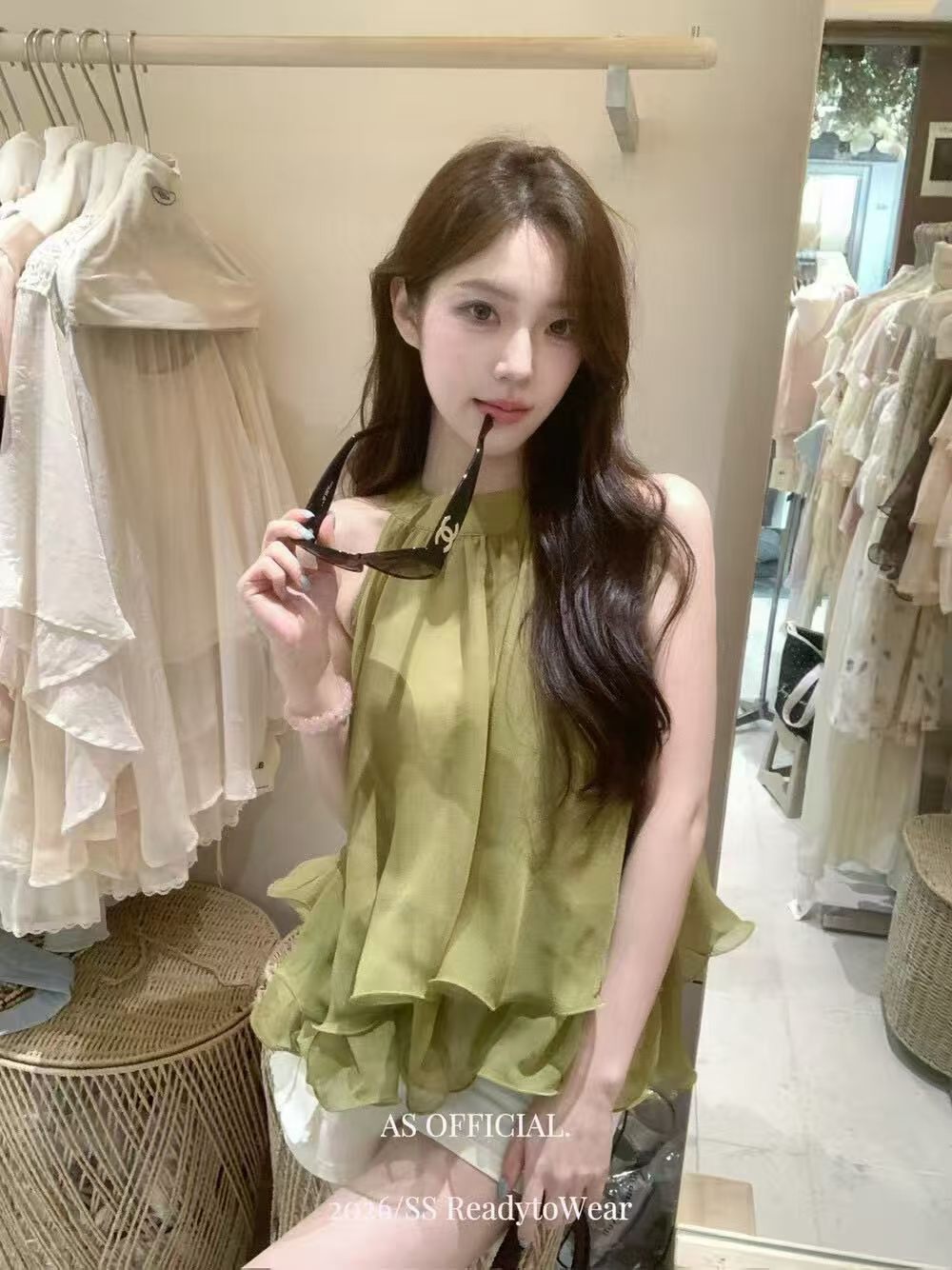 여름 루즈핏 종류 몸매 가꾸기 슬림해 보이는 편안함 달콤한 자매 행침 목 프릴 퍼프 조끼 여성