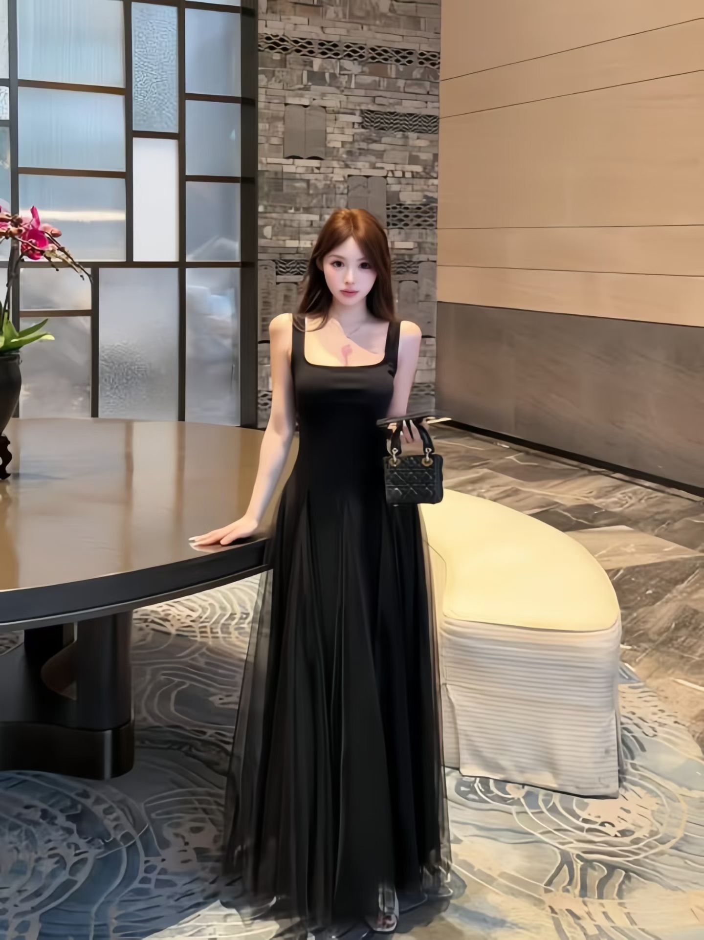 프랑스식 로얄 자매 빛 요리 한 바람 검정색 망사 슬립 여성 드레스 여름 디자인 센스 허리 수축 슬림해 보이는 예복 롱 스커트