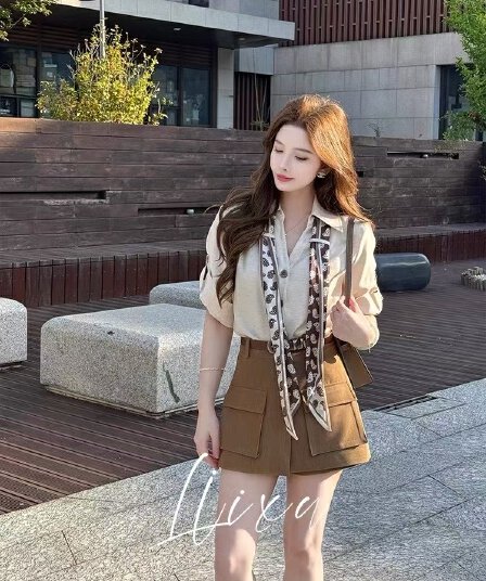 여름 새로운 디자인 센스 폴로 칼라 셔츠 코디 하이웨이스트 워크웨어 반바지 세트