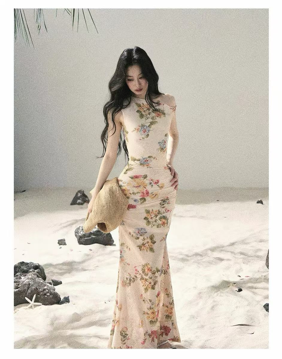 고급 센스 새틴 명문 여성 V넥 행침 목 아름다운 자이언트 잘 생긴 섹시함 백리스 슬림해 보이는 레오파드 무늬 예복 드레스