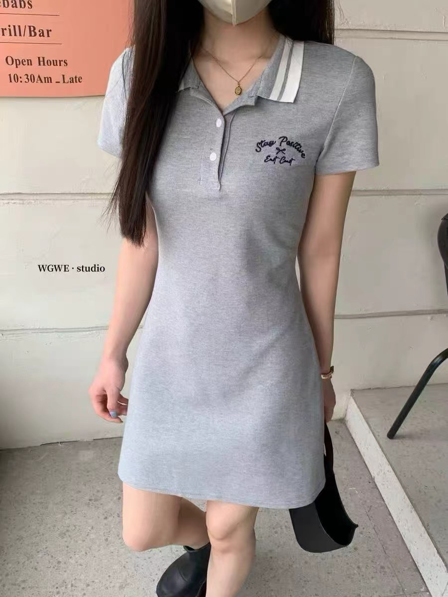 POLO 칼라 캐주얼 운동 회색 품격 허리 수축 미니 스커트 아이들 여름 드레스 순수한 욕망 바람 슈퍼 디스플레이 몸 여성 드레스