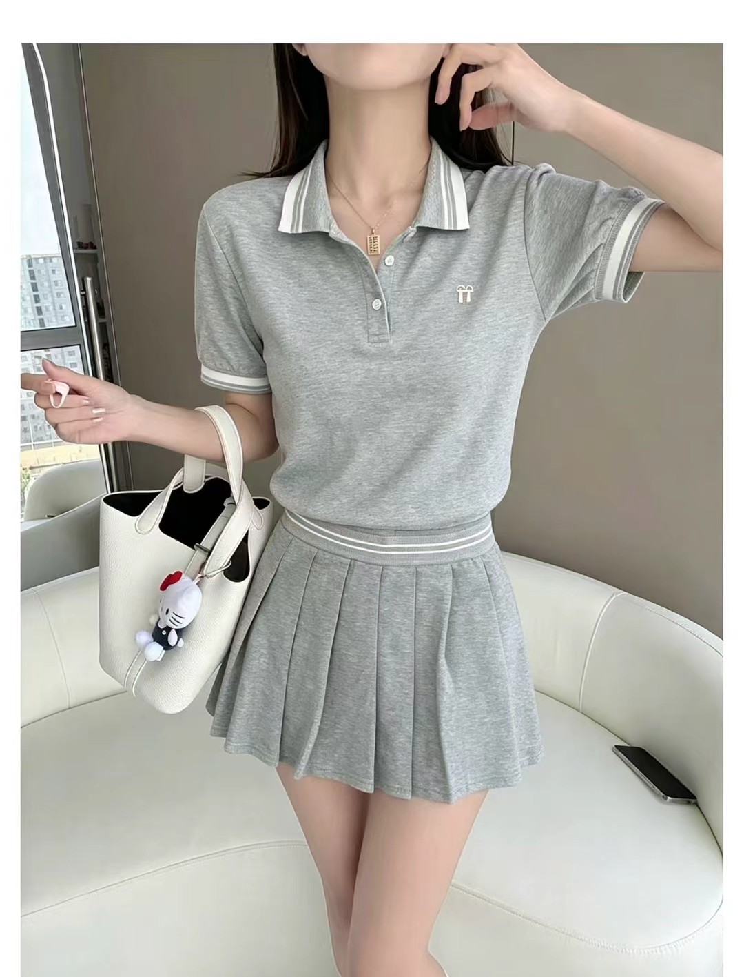 학원 스타일 POLO 칼라 배색 세트 여성 여름 반팔 티셔츠 플리츠 스커트 연령 감소 슬림해 보이는 투피스 세트