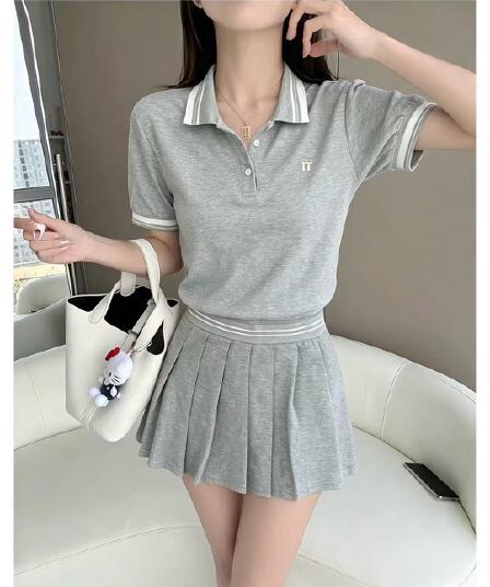 학원 스타일 POLO 칼라 배색 세트 여성 여름 반팔 티셔츠 플리츠 스커트 연령 감소 슬림해 보이는 투피스 세트