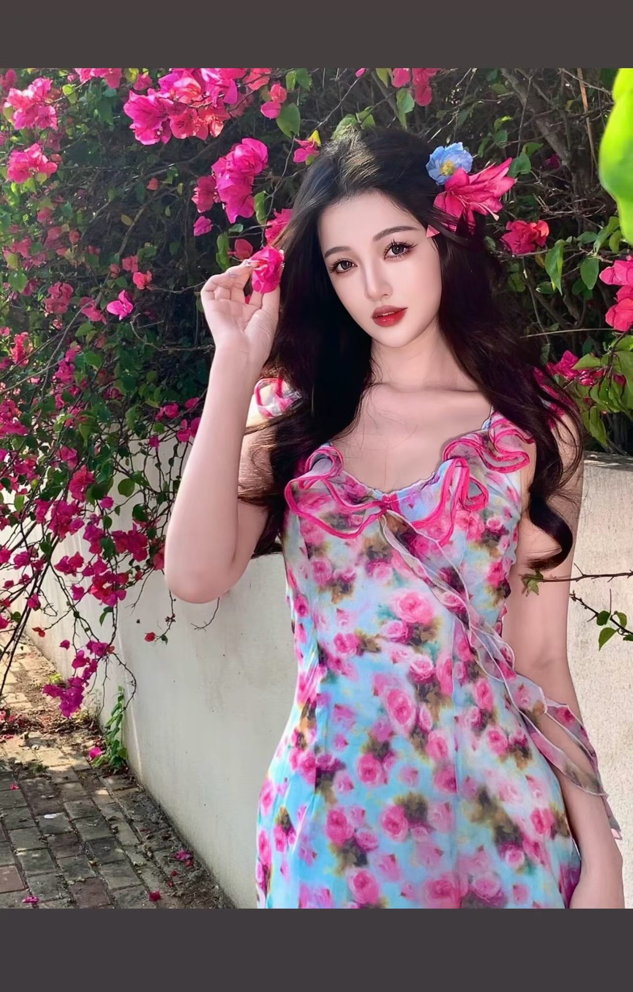 장미 섬 이중층 레이스 V넥 꽃무늬 드레스 아이들 2026 여름 새로운 프랑스식 해변가 휴가 롱 스커트