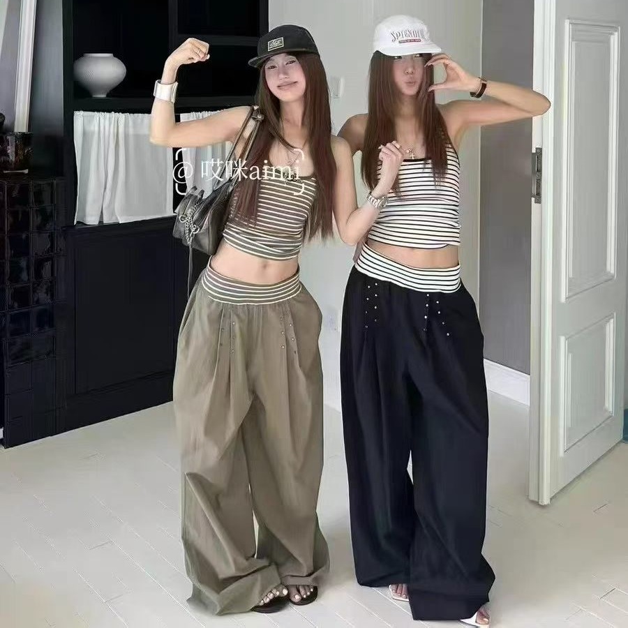 2026 여름 새로운 핫걸 스트라이프 슬림해 보이는 조끼 디자인 센스 배색 루즈핏 넓은 다리 길이 바지 투피스 슈트 여성