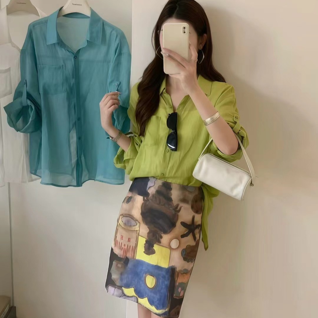 한 부서 고급 센스 로얄 자매 바람 착용 가져 가라. 전체 집합 파란색 셔츠 코디 레오파드 무늬 반신 스커트 두 조각 여성 세트 여름