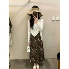 批发印花<b class='q'>雪纺</b>半身裙女夏轻薄遮肉显瘦高腰A字长裙打底衫三件套