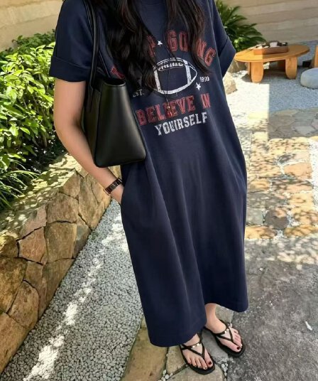 한국 동대문 새로운 한 부서 ins 바람 여름 프린트 스트레이트 치마 다용도 반팔 드레스 Feifei 소매