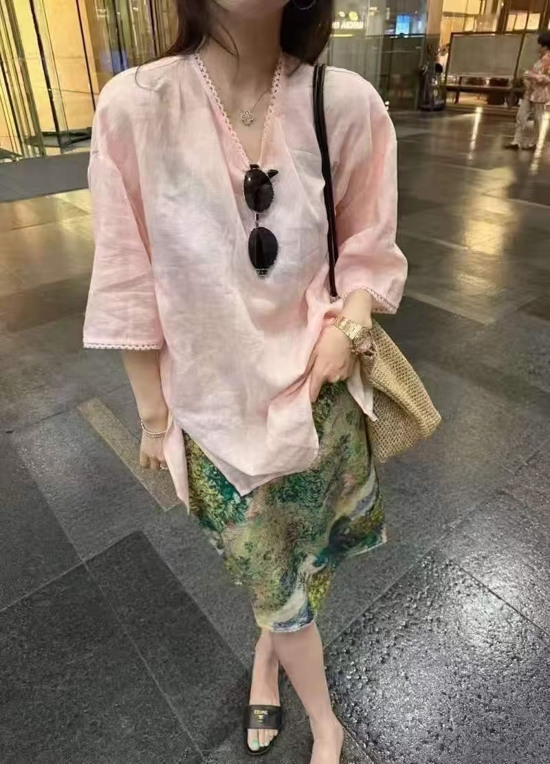 새로운 얇고 가벼운 통기성 자외선 차단 부드러운 느긋한 바람 루즈핏 마 재료 셔츠 하이웨이스트 프린트 반신 치마 세트