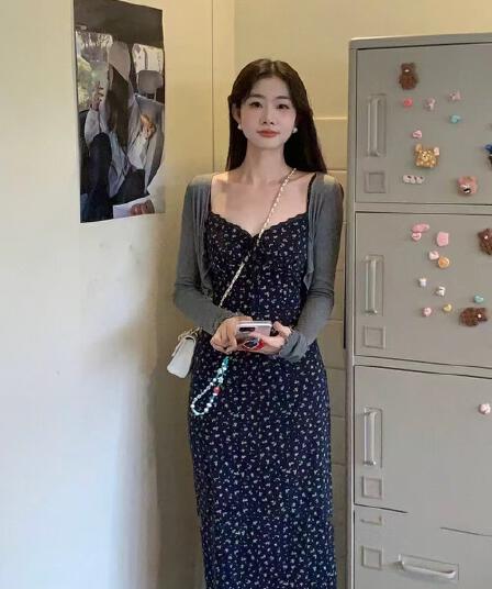 얇은 스타일 숄 자외선 차단 카디건 코트 한 부서 꽃무늬 드레스 몸매 가꾸기 슬립 니트 롱 스커트