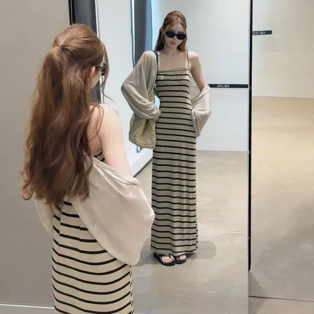한 부서 신선함 달콤한 스타일 스트라이프 슬림해 보이는 슬립 드레스 연령 감소 다용도 슬림해 보이는 자외선 차단 오픈 가디건 투피스 세트