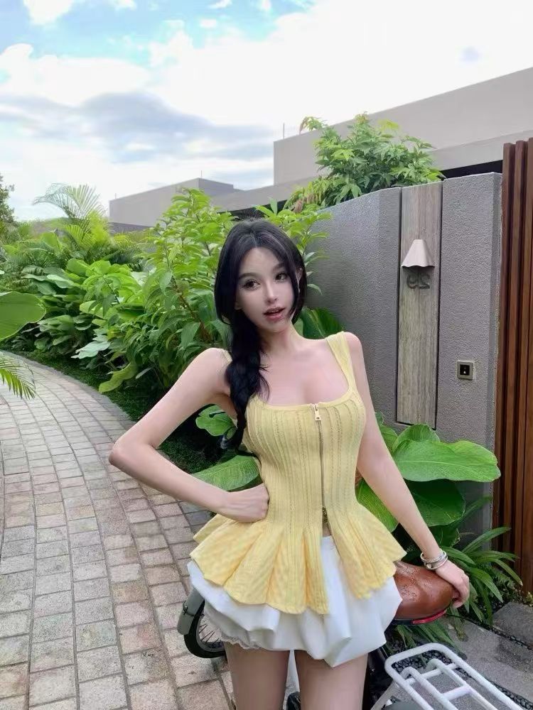 품격 캐주얼 발레 윈디 u 칼라 주름 치마 더블 지퍼 디자인 센스 니트 행침 계속하다 투피스 세트