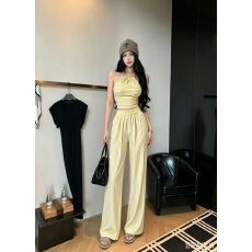 批发纯欲性感露背修身显瘦褶皱条纹挂脖吊带背心休闲<b class='q'>裤</b>两件套