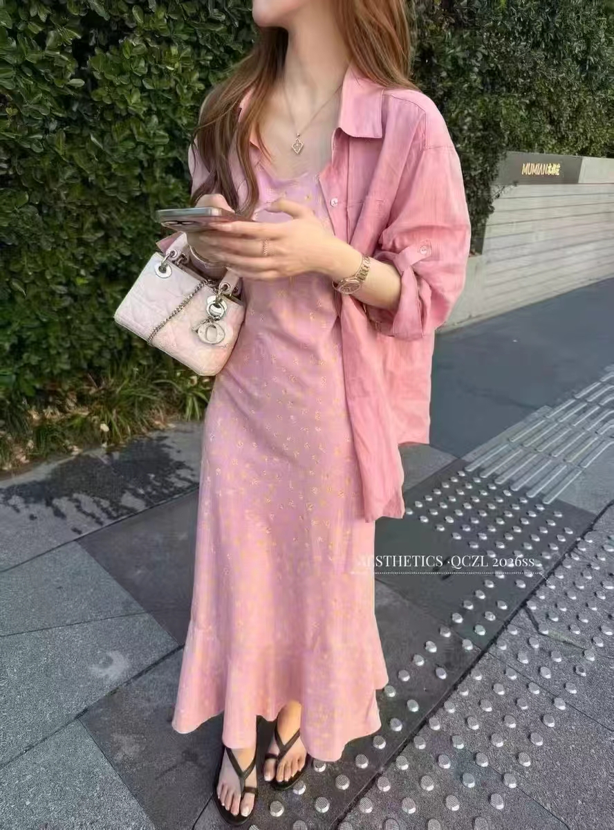 셔츠 슬립 드레스 투피스 세트 긴팔 얇은 스타일 재킷 여름 루즈핏 작은 대중 느긋한 핑크색 자외선 차단 오픈 가디건