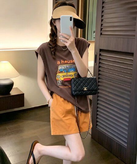 허리밴드 품격 캐주얼 반바지 여성 여름 한 마디 넓은 다리 펌프 로프 유연성 핫 바지 면 t 투피스 세트