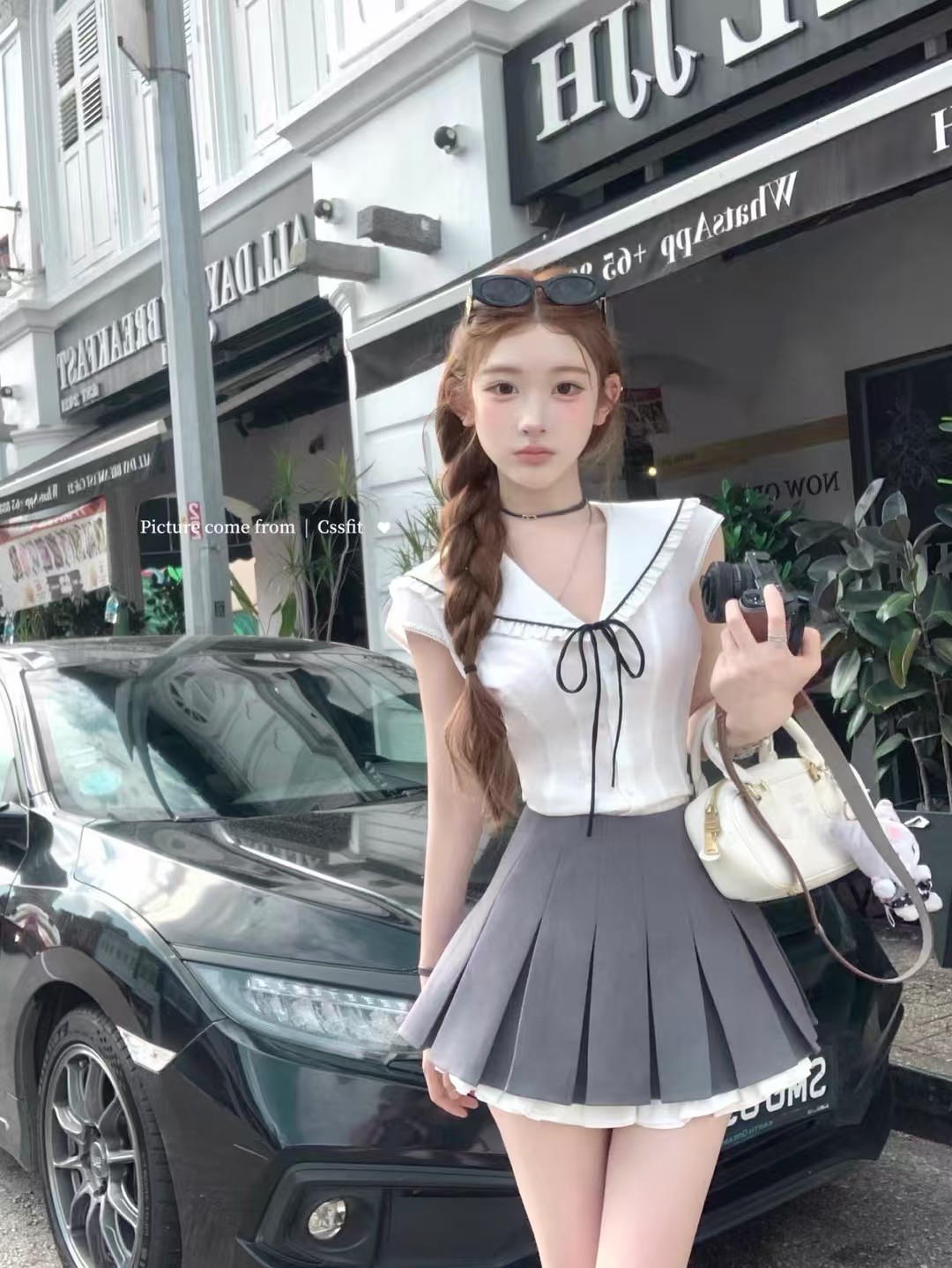 쉬운 꿈 링 해군 스타일 셔츠 도트 무늬 레이스 면 소재 나비 매듭 반 스커트 투피스 세트