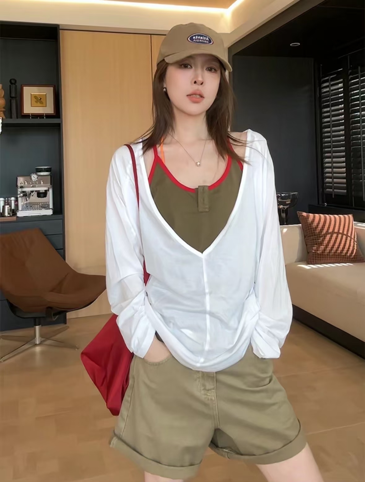 느긋한 휴식 센스 캐주얼 세트 여성 봄 여름 인사이드 가져 가라. 행침 목 슬립 자외선 차단 블라우스 투피스 세트