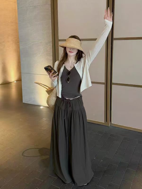 패션 세트 여성 2026 여름 한 부서 새로운 라운드 넥 긴팔 오픈 가디건 조끼 도트 무늬 와이드 레그 팬츠 3종 세트