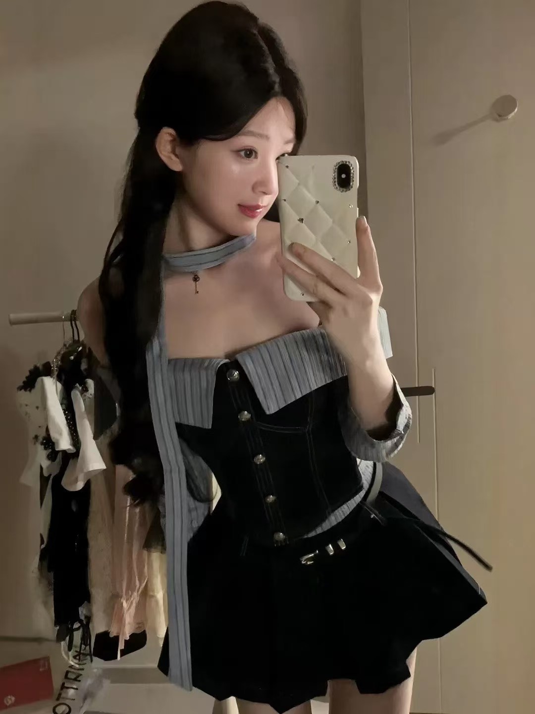 작은 곰 구속영장 태국 사람 랜드 학원 스트라이프 셔츠 플리츠 스커트 여름 여성 슬림해 보이는 디자인 센스 세트