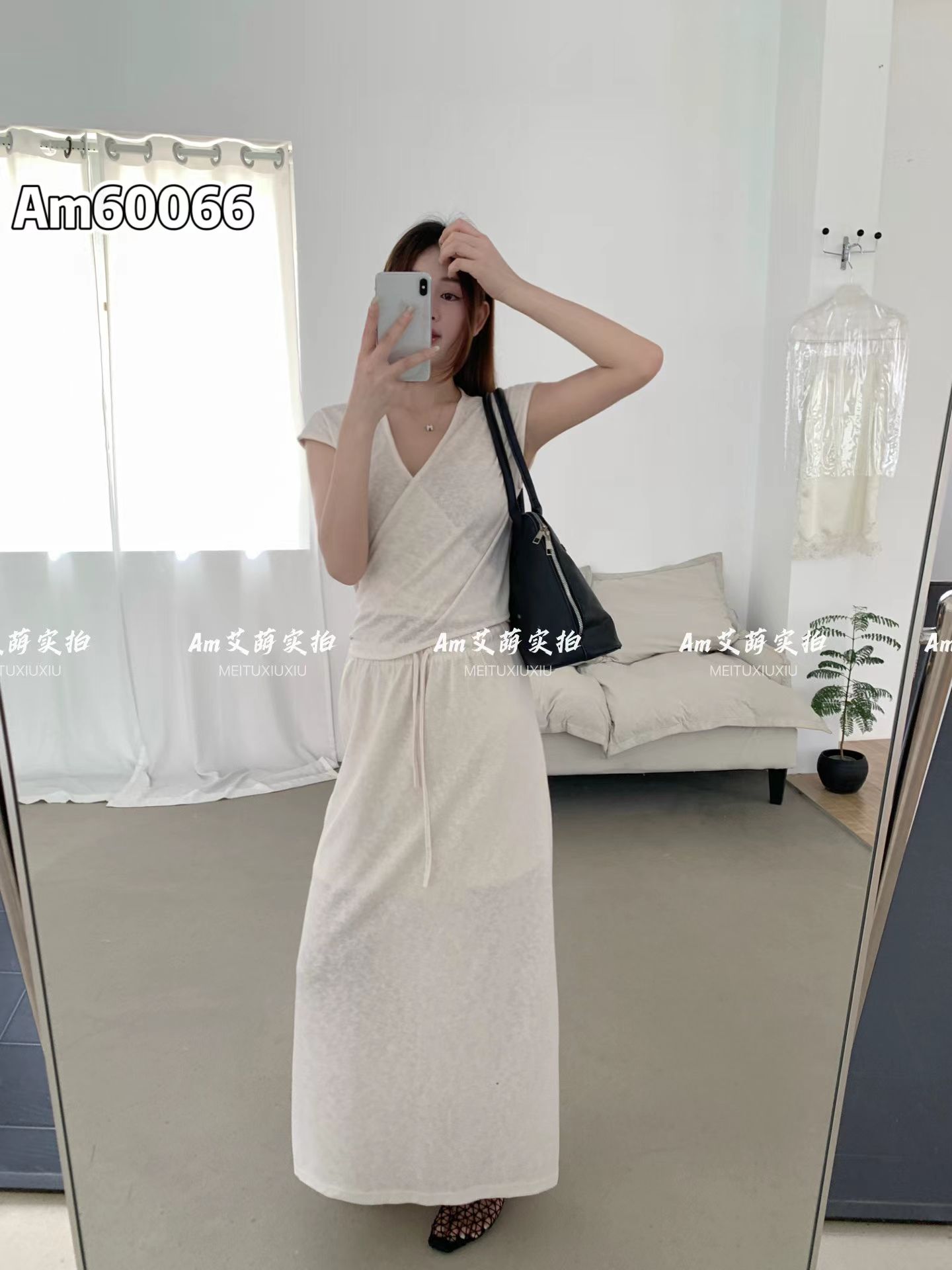 한 부서 느긋한 느슨함 V넥 반팔 허리 수축 슬림해 보이는 맨위 티셔츠 여성 여름 레이스업 하이웨이스트 길다 치마 투피스 세트