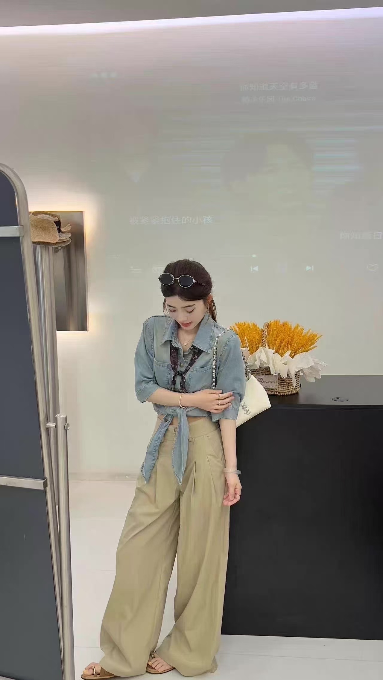 새로운 레트로 워싱 캐주얼 스카프 데님 반팔 셔츠 스카프 하이웨이스트 캐주얼 바지 3종 세트