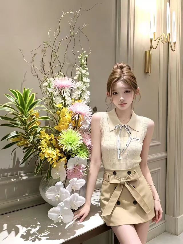 우유 살구 색상 polo 니트 투피스 조끼 여성 여름 작은 키 순수한 욕망 바람 몸매 가꾸기 슬림해 보이는 반신 치마 세트