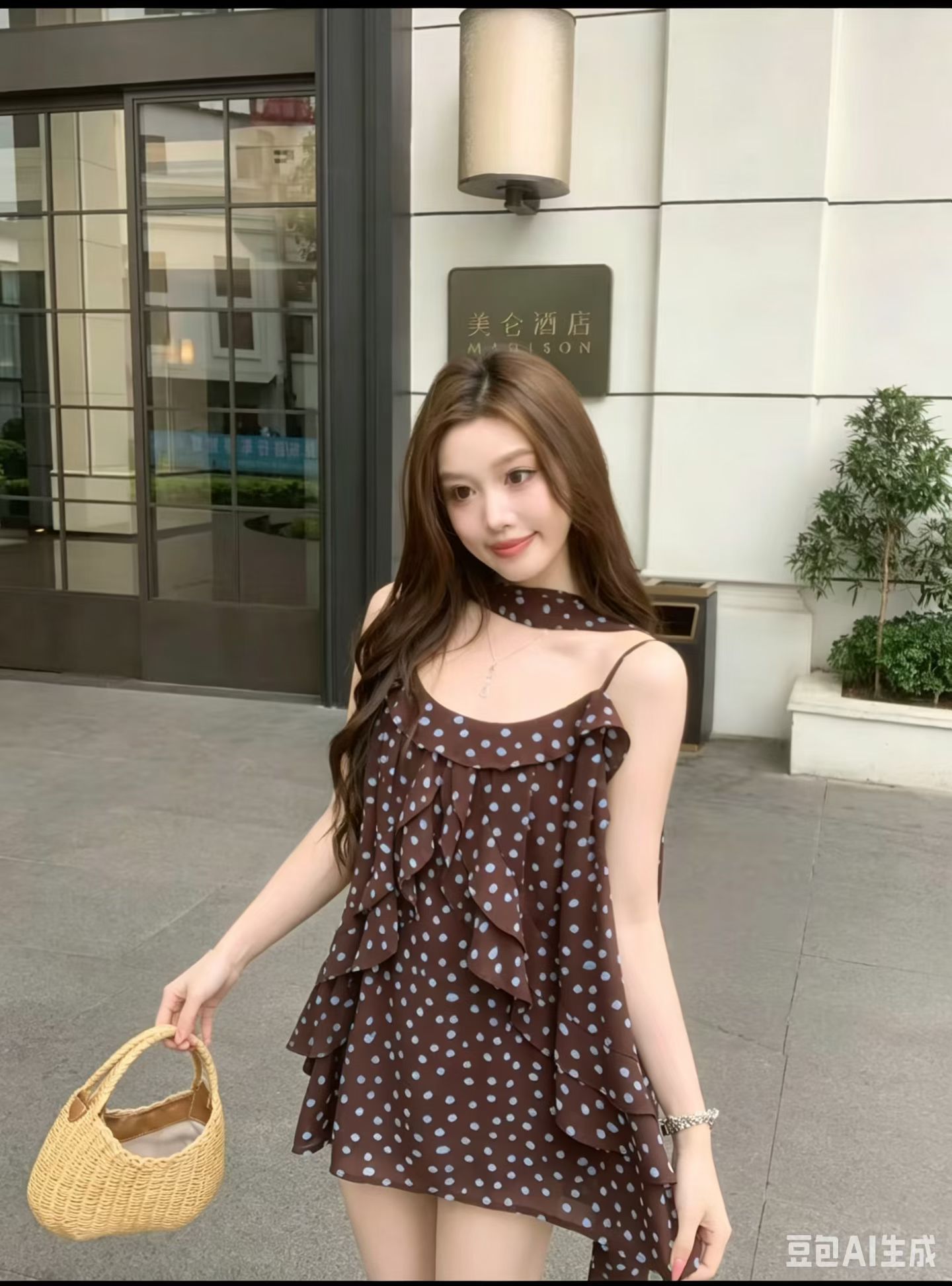 여름 켜기 새로운 느긋한 와 성별 블루 커피 포인트 꽃무늬 도트 무늬 불규칙 프릴 슬립 맨위 조끼 경기 리본