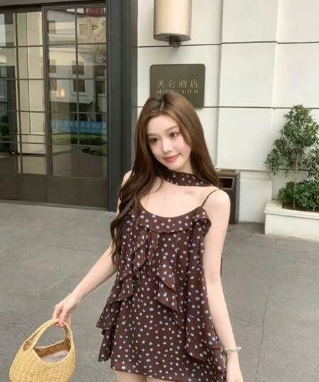 여름 켜기 새로운 느긋한 와 성별 블루 커피 포인트 꽃무늬 도트 무늬 불규칙 프릴 슬립 맨위 조끼 경기 리본