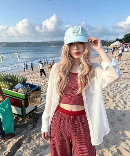 새로운 느긋한 바람 스트라이프 캐미솔 얇은 스타일 자외선 차단 의류 허리밴드 와이드 레그 팬츠 3종 세트