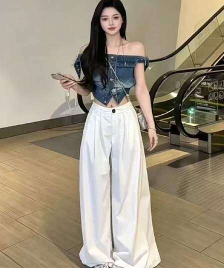 순수한 욕망 바람 세련된 세트 여성 여름 디자인 센스 품격 오프숄더 데님 맨위 화이트 와이드 레그 팬츠 투피스 세트