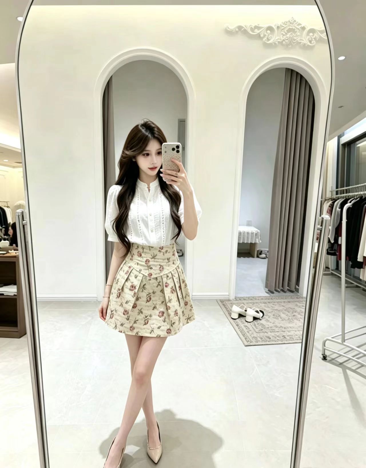 프랑스식 고급 센스 거품 소매 홀로우 아웃 셔츠 코디 꽃무늬 반신 스커트 두 조각 세트 드레스 여성 2026 여름 섹션