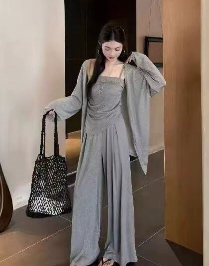 새로운 한국 스타일 품격 슬림해 보이는 얇은 스타일 자외선 차단 의류 불규칙 슬립 허리밴드 캐주얼 바지 3 세트