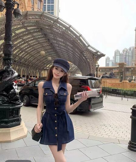 2026 아메리칸 레트로 핫걸 데님 세트 여성 여름 민소매 POLO 칼라 데님 스커트