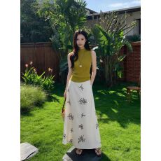 批发夏季法式立领修身针织背心女刺绣半身裙中长款<b class='q'>两件套</b>装