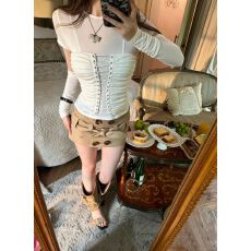 批发交叉绑带性感网纱T恤女修身收腰纯欲<b class='q'>蕾丝</b>上衣<b class='q'>半身裙</b>两件套