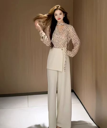 2026 년 새로운 가을 도트 무늬 리본 긴팔 셔츠 와이드 레그 팬츠 여자 디자인 센스 프랑스식 투피스 세트 세트