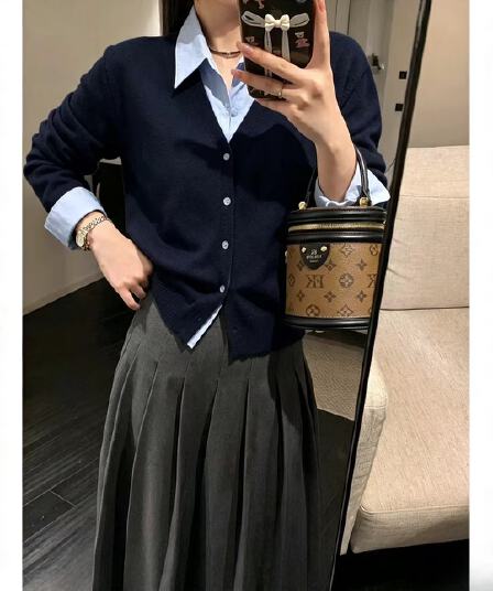 한 부서 니트 가을 새로운 패션 작은 대중 디자인 섹션 패치워크 셔츠 칼라 페이크 레이어드 스웨터 여자