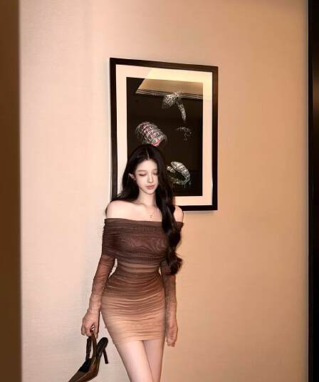 보트넥 한 부서 그라데이션 색상 긴팔 여성 드레스 2026 새로운 품격 로얄 자매 바람 허리 수축 주름 타이트 스커트