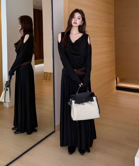 새로운 느긋한 바람 말뚝 더미 칼라 긴팔 맨위 허리밴드 끌기 반신 롱 스커트 벨트 3 세트